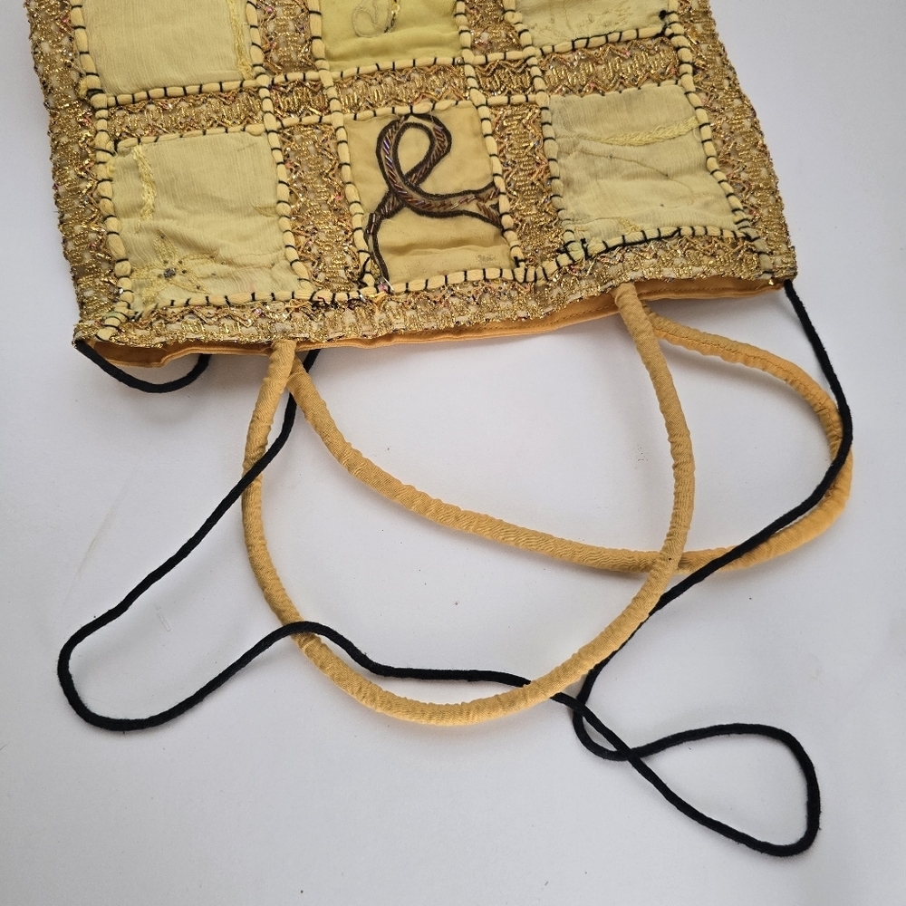Boho India Patchwork Tote Bag Yellow Embroidered Beaded Handmade - Picture 5 of 12